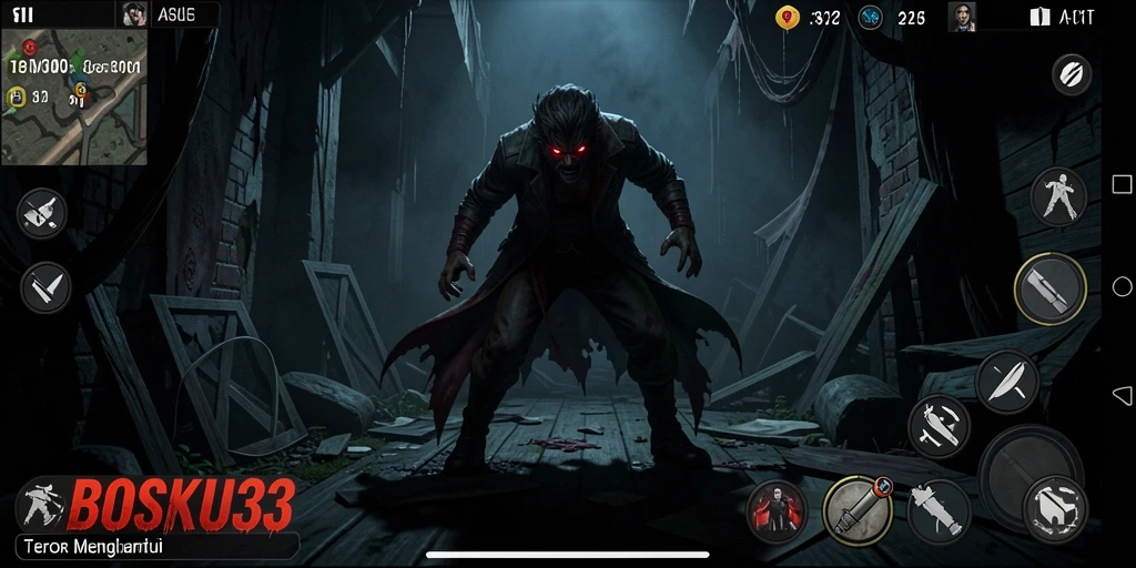 Tampilan gameplay BOSKU33 dengan suasana Hantu dan Kegelapan.