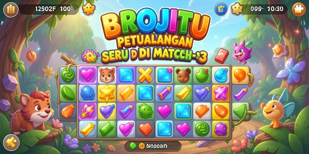 Screenshot gameplay seru dari BROJITU yang menampilkan tantangan Match-3.