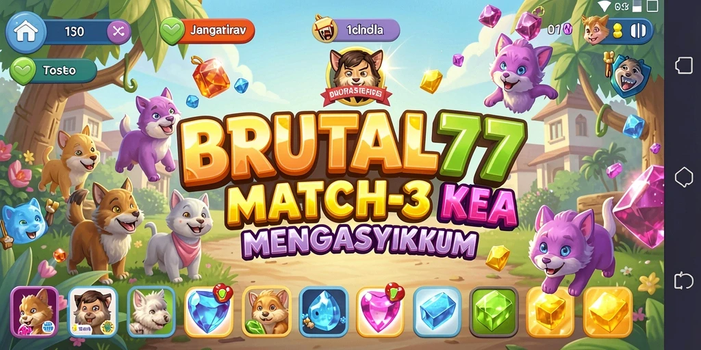 Screenshot gameplay BRUTAL77 menampilkan aksi mencocokkan permata.