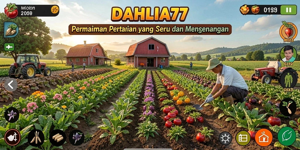 Screenshot gameplay DAHLIA77 menunjukkan aktivitas bertani yang interaktif dan menyenangkan.