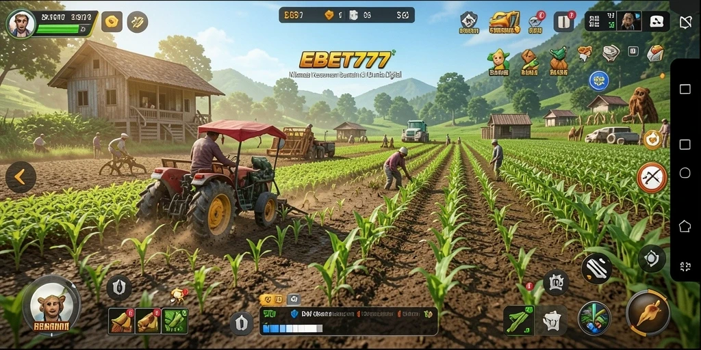 Tampilan utama gameplay EBET777 dengan lahan pertanian yang subur.