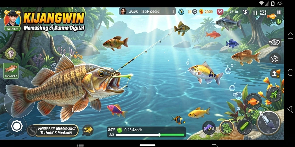 Screenshot gameplay KIJANGWIN menampilkan petualangan memancing yang seru.