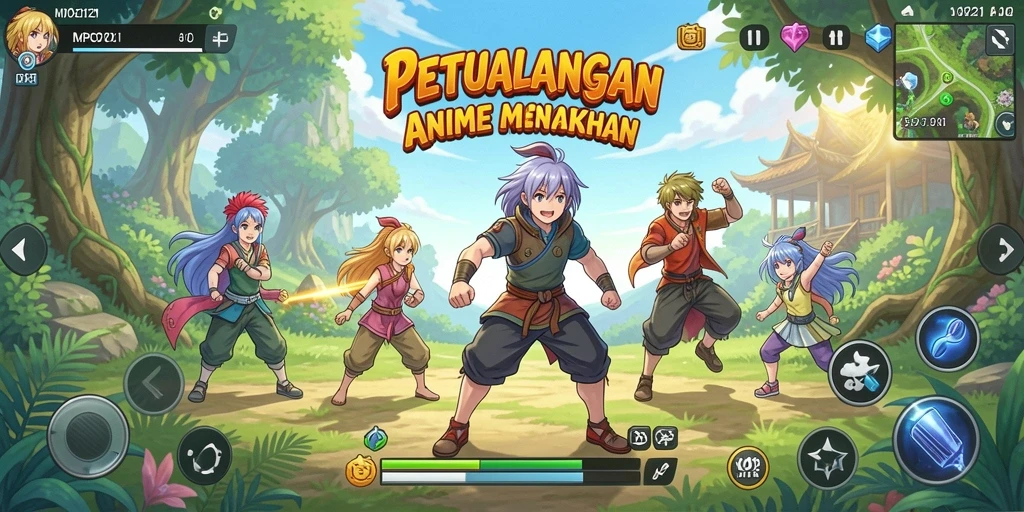 Screenshot MPO2121 menampilkan karakter Anime yang sedang bertarung dengan latar belakang yang indah.