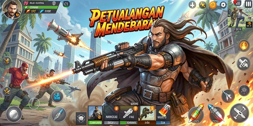 Tampilan gameplay seru V21 dengan pertarungan aksi yang mendebarkan.